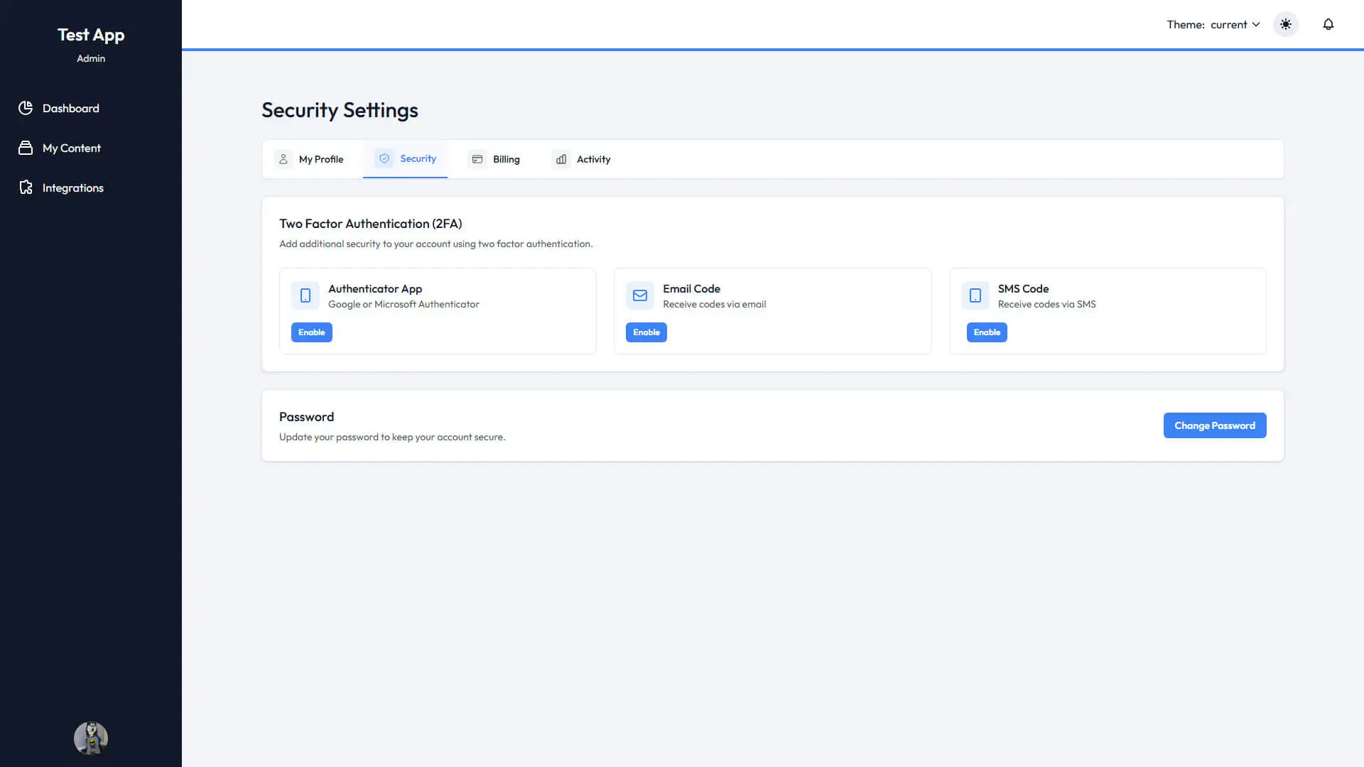 Security Settings Screenshot