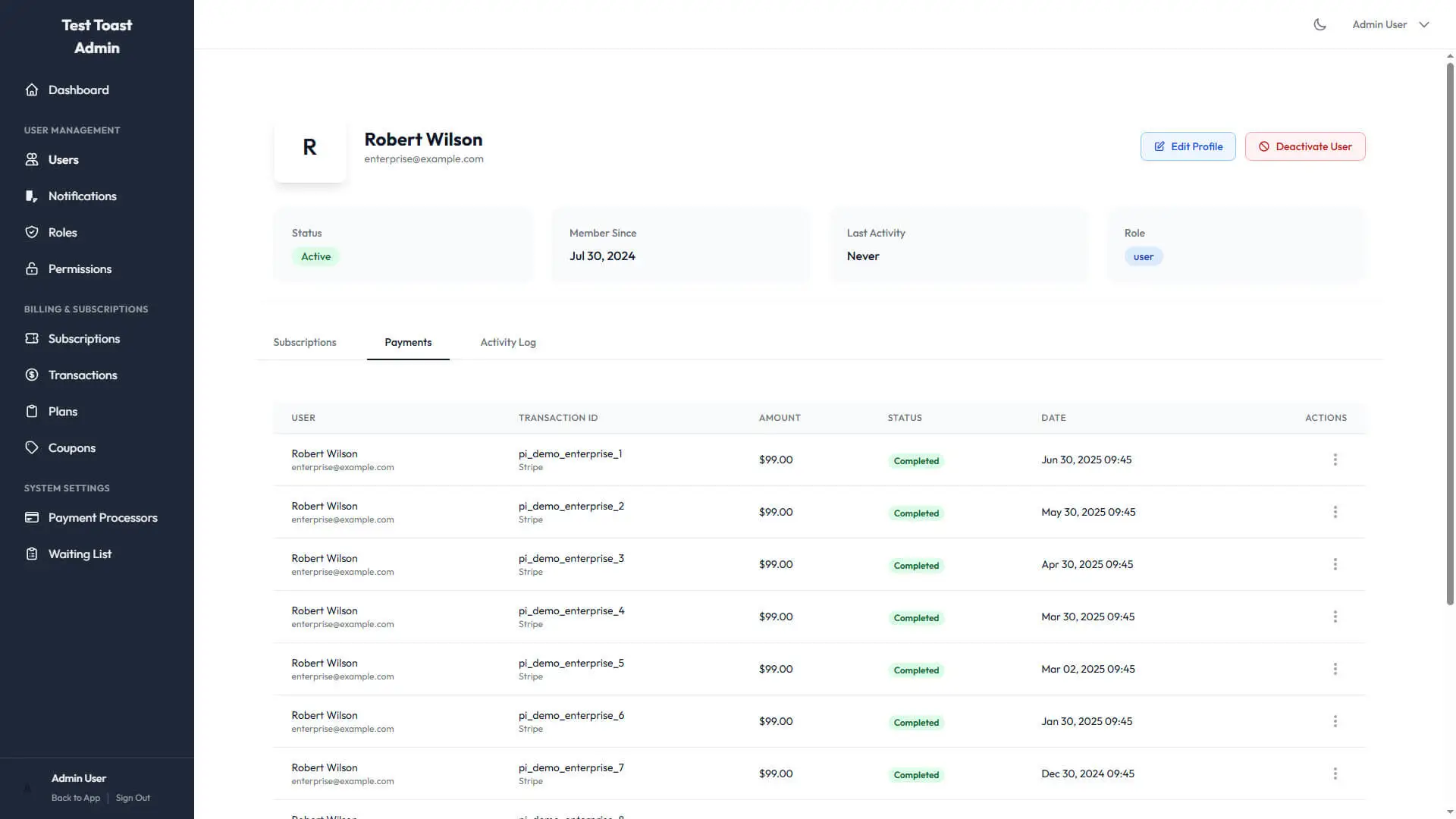 User Profile Admin View Screenshot