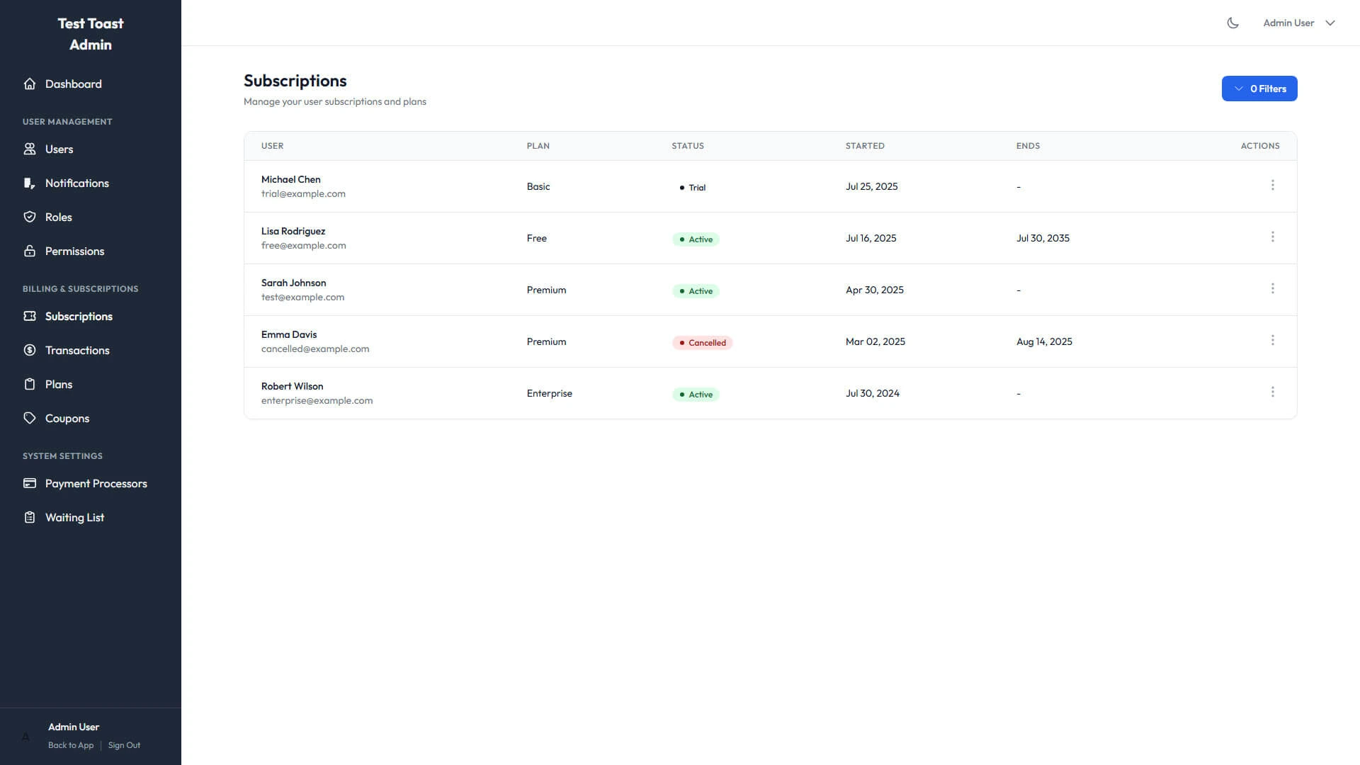 Subscription Management Screenshot