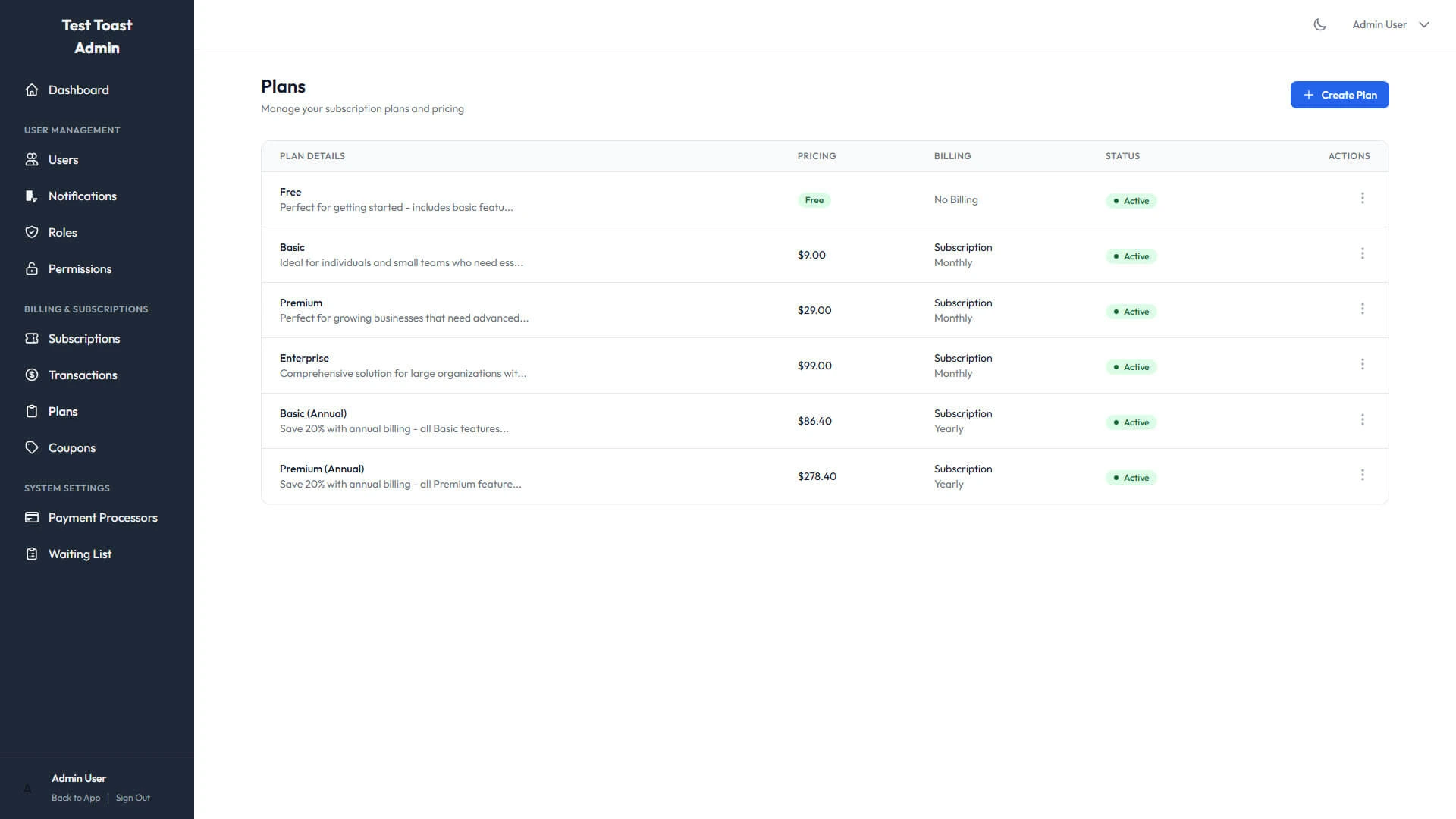 Plans Management Screenshot